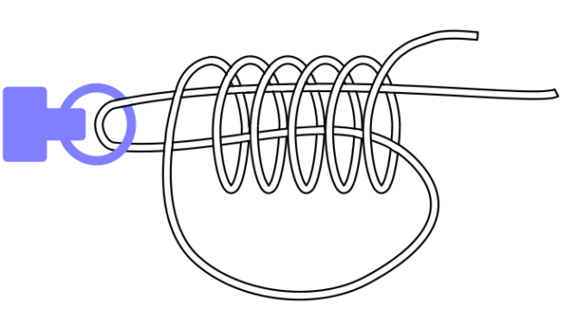 ユニノットの結び方。多く巻いても引張強度は上がりません。